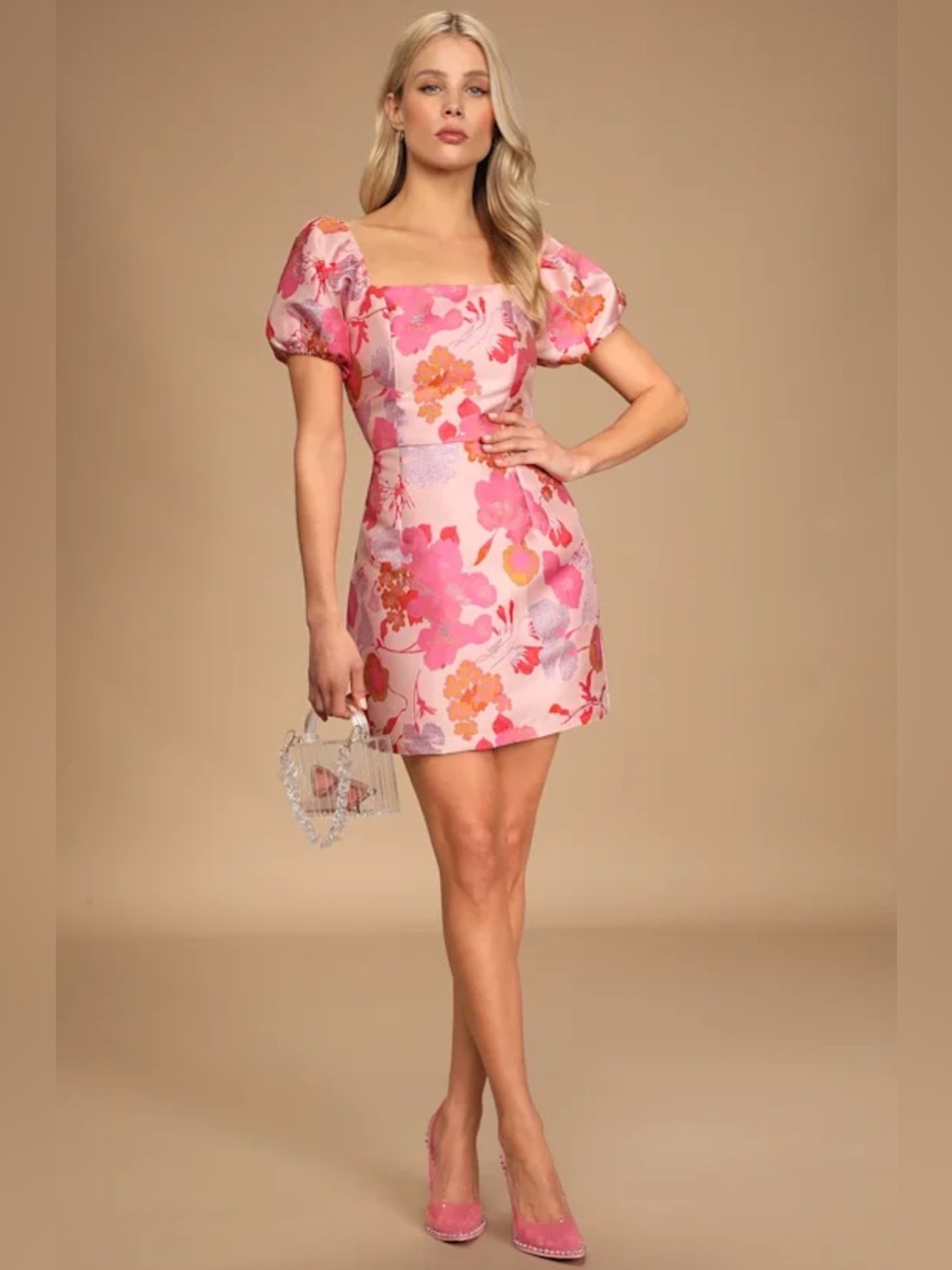 Lulus So Stunning Light Pink Floral Jacquard Puff Sleeve Mini Dress Sz Lg